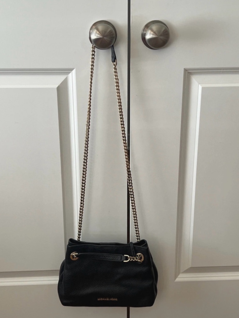 Michael Kors Black Pebbled Leather Shoulder Bag Gold Chain Convertible Strap - Picture 6 of 9